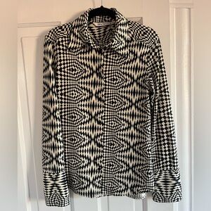 Zara Psychedelic Hypnotic Black and White Checker Patterned Knit Button Up Shirt